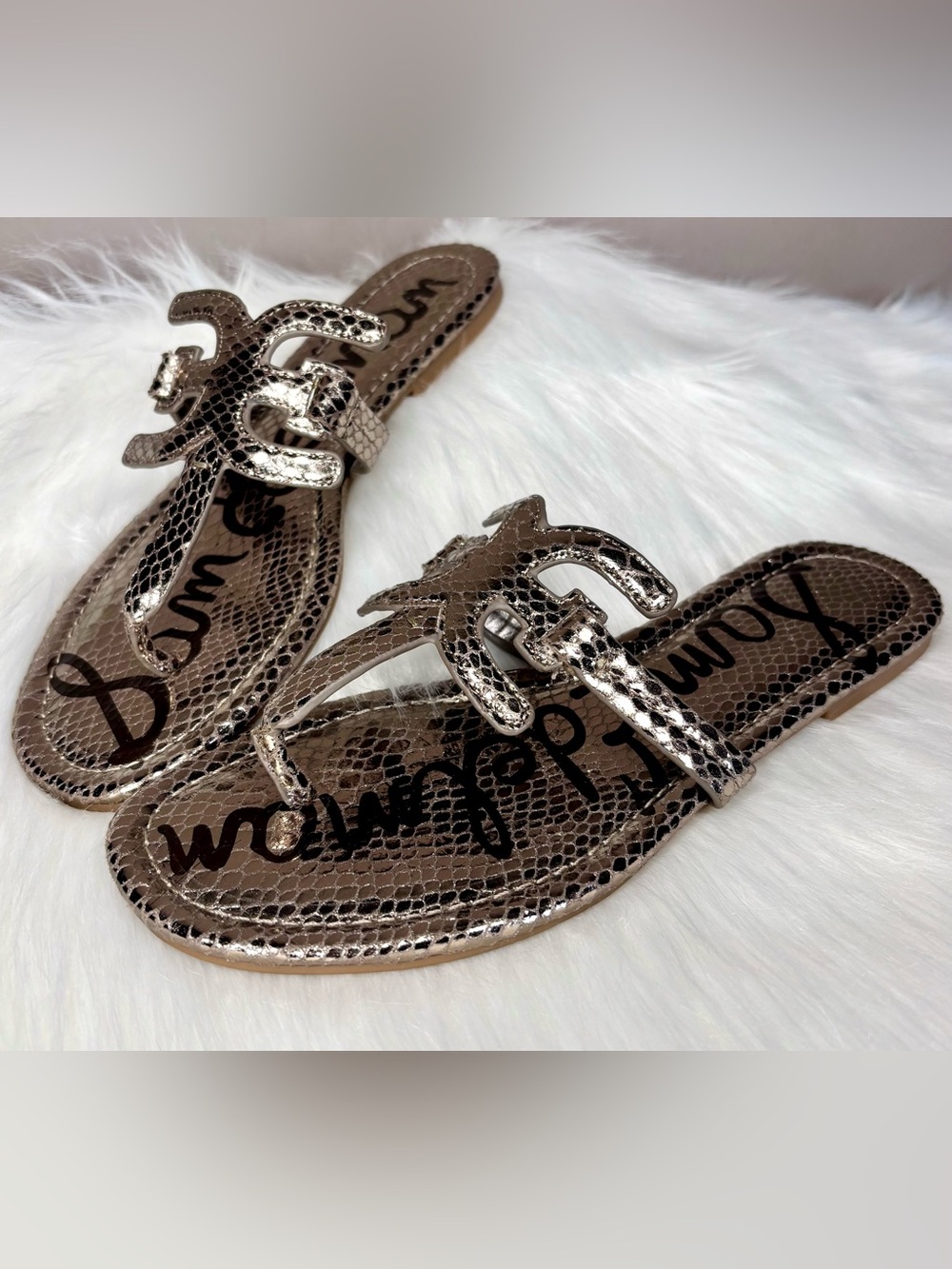 SAM EDELMAN Metallic Snake-Embossed Sandals - Picture 11 of 11